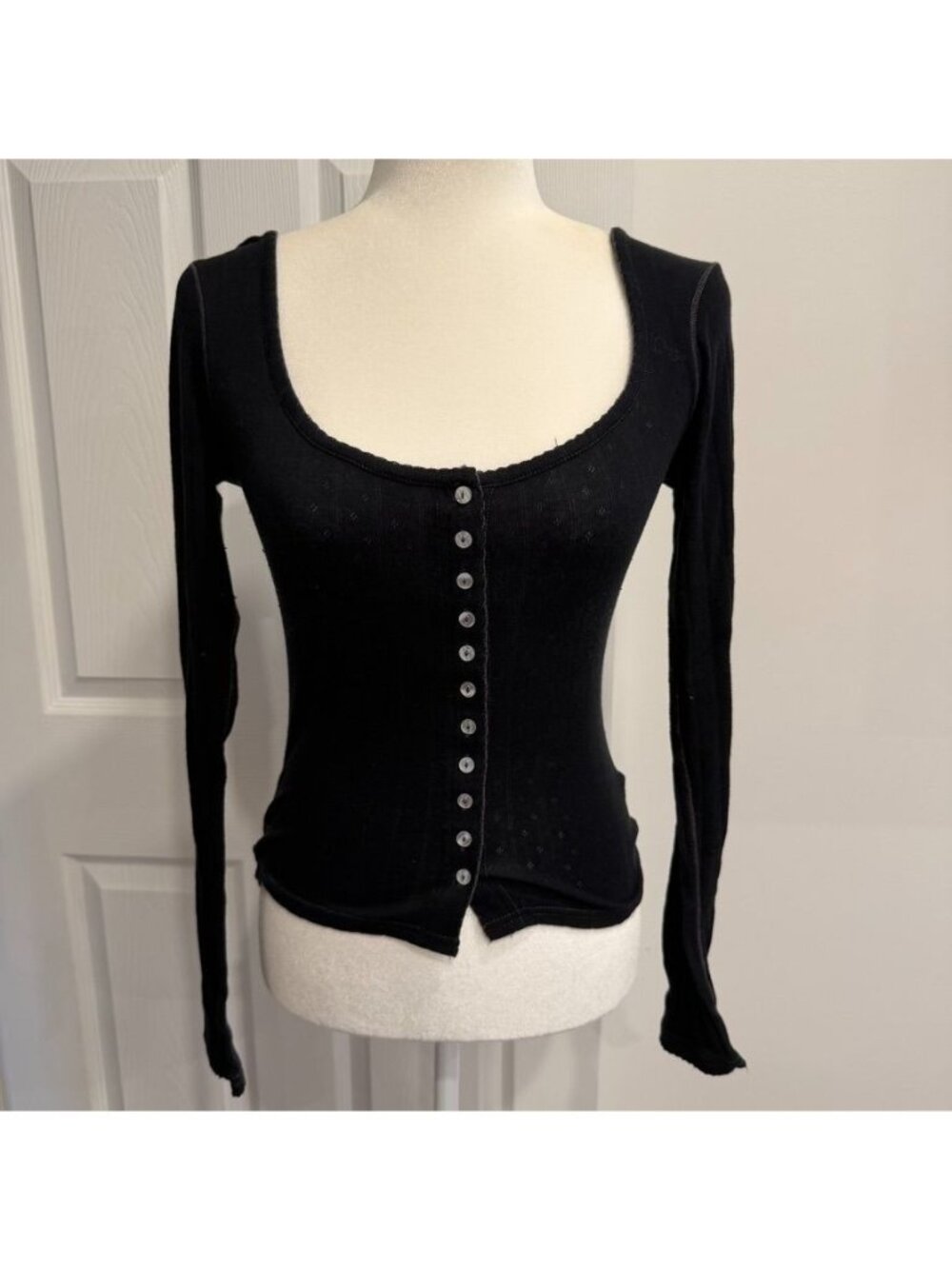 Free People Intimately Pointelle Soft Knit Black Shirt Size XS